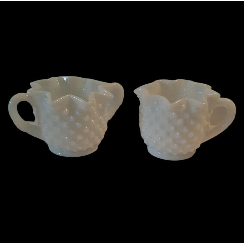 Vintage Fenton Hobnail White Milk Glass Ruffled Creamer Pitcher & Sugar Bowl